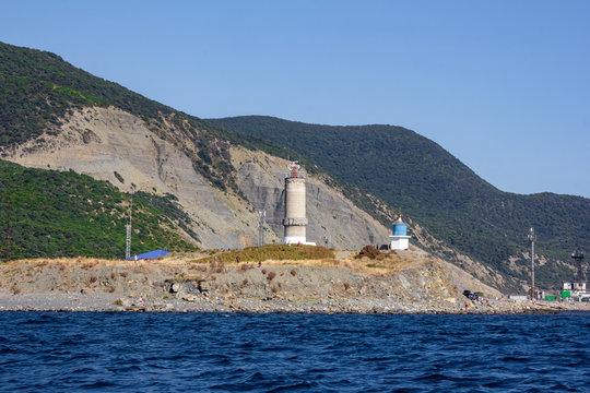 summer landscape overlooking the lighthouse on the island of Utrish in the black sea