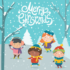 Obraz na płótnie Canvas Cartoon illustration for holiday theme with happy children on winter background with trees and snow. Greeting card for Merry Christmas and Happy New Year.Vector illustration.