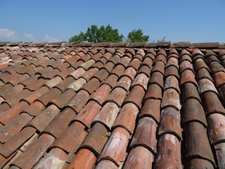 Roof in the foreground with brick tiles
