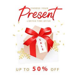 Fototapeta na wymiar Winter sale banner with snowflakes, discount, text, retail customers and gift box. Promotion of online store or shop loyalty program, bonus or reward. Flat style. Vector illustration