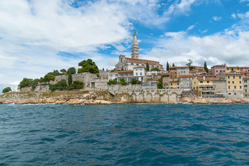 Fototapeta na wymiar View from the Adriatic Sea to the old town of Rovinj. Istria, Croatia