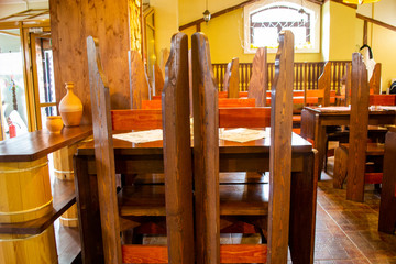 cafe interior, selective focus with shallow depth of field, warm vintage filter