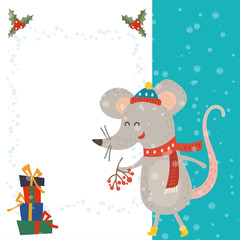 Cartoon illustration for holiday theme with happy rat,symbol of the year 2020, on winter background with trees and snow. Greeting card for Merry Christmas and Happy New Year.Vector illustration.