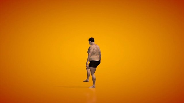 Fat man morphing into muscular fit, camera rotating seamless loop, Luma Matte attached