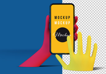 Colorful 3D Hands Holding a Smartphone Mockup on a Transparent Background