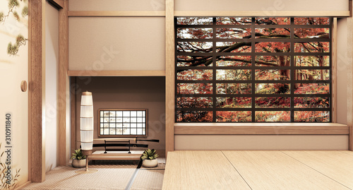 Paper window wooden design on Empty room white on wooden floor japanese  interior design - 6D rendering Fototapete