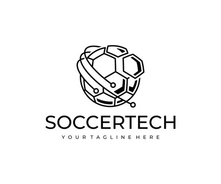 Football technology logo design. Soccer ball and circuit vector design. Soccer innovation logotype