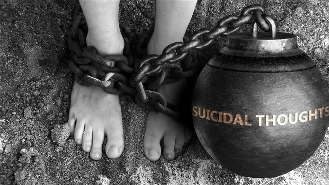 Suicidal thoughts as a negative aspect of life - symbolized by word Suicidal thoughts and and chains to show burden and bad influence of Suicidal thoughts, 3d illustration