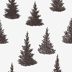 Hand drawn spruce trees seamless pattern, vector background with fir trees