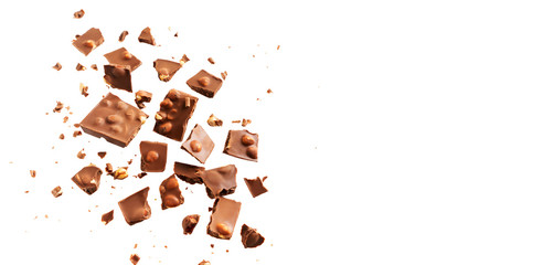 Flying in the air broken bar of milk chocolate with nuts and flakes isolated on white background. Chocolate pieces levitation concept.