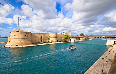 Aragonese Castle of Taranto and revolving bridge on the channel between Big and Small sea, Puglia,...