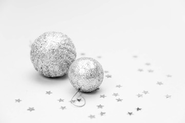 christmas balls on white background, space for text