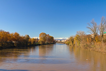 Scenic view along the Po river in Turin, Italy, in a clear blue sky winter morning