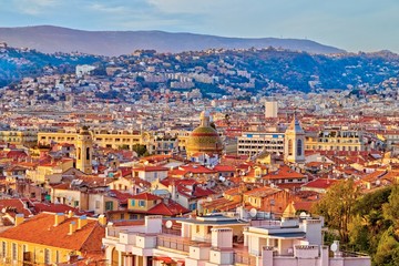 Aerial panoramic view from the Saint Francis tower, on Nice old town, France, in a clear winter...