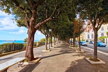 Taranto, Italy - December 02, 2019: Walk on the promenade on the seafront in the shade of...