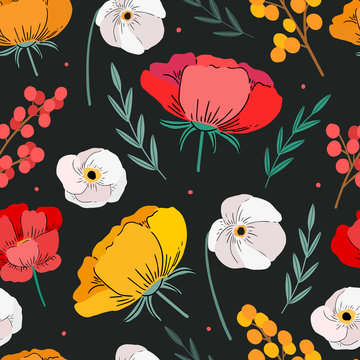 Decorative floral seamless pattern for print, textile, fabric. Trendy hand drawn cute background with flowers. Spring-summer flowers pattern.
