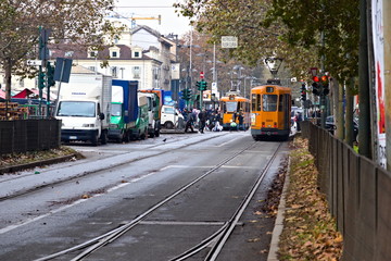 Turin, Italy - December 08, 2019: An old tram passing over Corso Regina Margherita towards Porta Palazzo (Republic square)