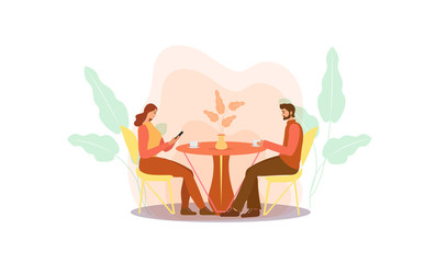 A guy and a girl are sitting at a table in a cafe drinking coffee. Woman and man in a restaurant, first date, dating, love. Flat modern illustration. Vector