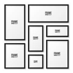 Realistic blank black picture frame with shadow collection isolated on white background. Modern poster mockup. Empty photo frame for art gallery or interior. Vector illustration.
