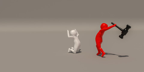 The red character is about to be dangerous mayhem. 3d rendering