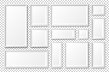 Realistic blank white picture frame with shadow collection isolated on transparent background. Modern poster mockup. Empty photo frame for art gallery or interior. Vector illustration.