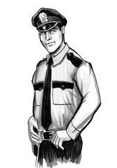 Ink black and white drawing of a police officer