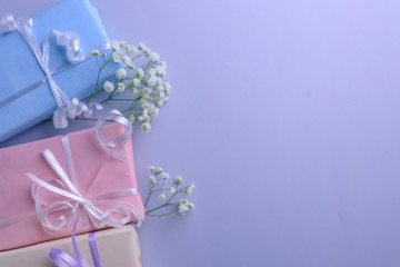 Beautiful gift box and flowers on light background