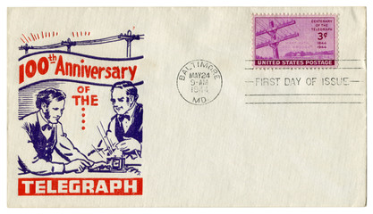 Baltimore, Maryland, The USA  - 24 May 1944: US historical envelope: cover with cachet 100th anniversary of the telegraph, 1844-1944, Electrical pole stamp, three cents