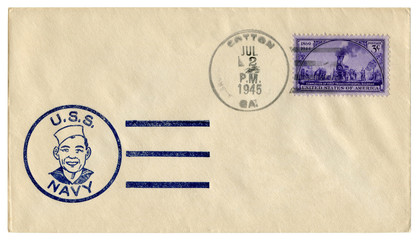 Cotton, Georgia, The USA - 2 July 1945: US historical envelope: cover with a cachet U.S.S. Navy, sailor in uniform, first transcontinental railroad purple stamp, three cents 