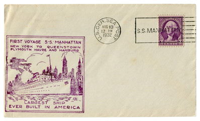 Sea post, The USA - 10 August 1932: US historical envelope: cover with cachet first voyage S.S.  Manhattan and  postage stamp George Washington, letter