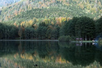 Colorful autumn landscape in the mountain village. 