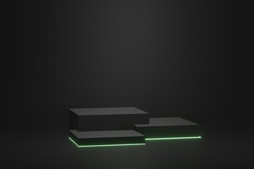 Mock up 3d rendered illustration with geometric shapes black cube podium green light platforms for cosmatic product presentation,minimal design with empty space. Abstract composition in modern style