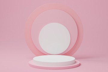 Mock up 3d rendered illustration with geometric shapes. pink pastel cylinder podium platforms for cosmatic product presentation. Minimal design with circle empty space. Abstract composition in modern