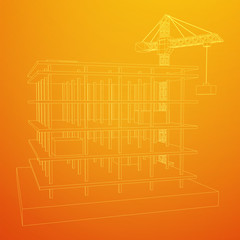 Building under construction with crane. Build house construct in process. Wireframe low poly mesh vector illustration
