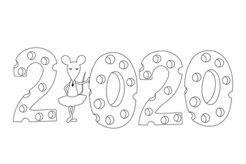 Coloring Pages. Coloring Book for kids with mouse and cheesy text 2020. New Year and Christmas vector illustration. Adorable character for cards, wallpaper, textile, fabric, kindergarten.