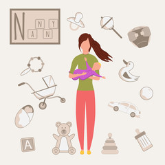 Colorful vector alphabet. Book of professions. Profession Nanny. Letter N