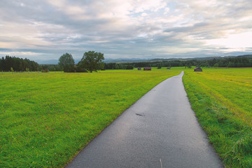 Schmale Straße auf einer Anhöhe im Voralpenland mit Bergwiese