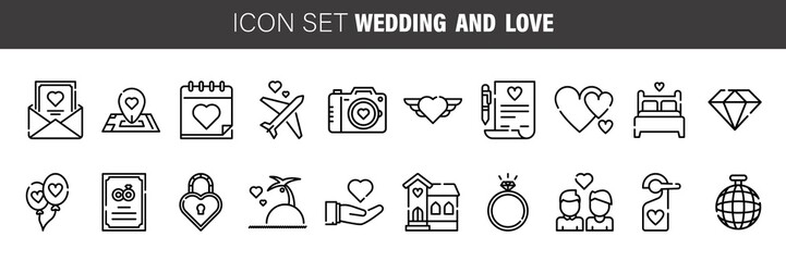 Set of love and wedding flat linear vector icons. Line art conceptual symbols of party for website, mobile or computer app