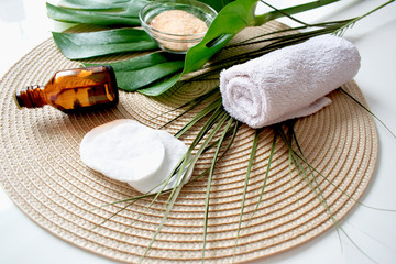 Beauty background cosmetic product alternative cosmetics, cosmetic oil, soap, natural ingredients. Spa home. Layout of modern skin care, top view. Copy space. Zero waste.