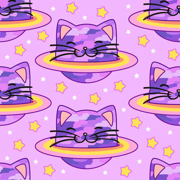 Seamless pattern with cats and planets on a pink background. Vector