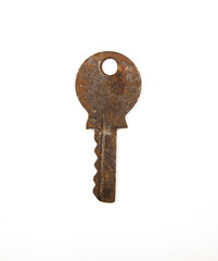 One single metal vintage rusty antique key isolated on white background. Home security concept.