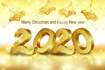 Obraz na płótnie Canvas 2020, the inscription-Happy New year and Christmas. Gold numbers with reflection on white background with branches, Rowan berries, stars and snowflakes.