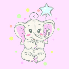 Illustration with cute elephant with balloon . Can be used for baby t-shirt print, fashion print design, kids wear, baby shower celebration greeting and invitation card.