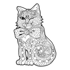 Illustration with hand drawn cat with doodles. Drawing for coloring book. Hand Drawn zentangle.