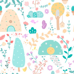 Cute plants flat vector color seamless pattern