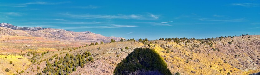 Panorama views of mountains, desert and landscape around Price Canyon Utah from Highway 6 and 191, by the Manti La Sal National Forest in the United States of America. USA.