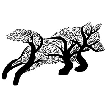 Illustration with mysterious wolf jump silhouette double exposure blend tree. Tattoo design.