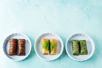 Multicolored baklava, Oriental sweetness on a plate