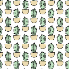 Cactus in a pot hand drawn seamless pattern in scandinavian style.