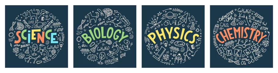 Foto op Aluminium Science. Biology. Physics. Chemistry. Set from hand drawn doodles with lettering. School subjects vector illustrations on dark blue background. © N.Savranska